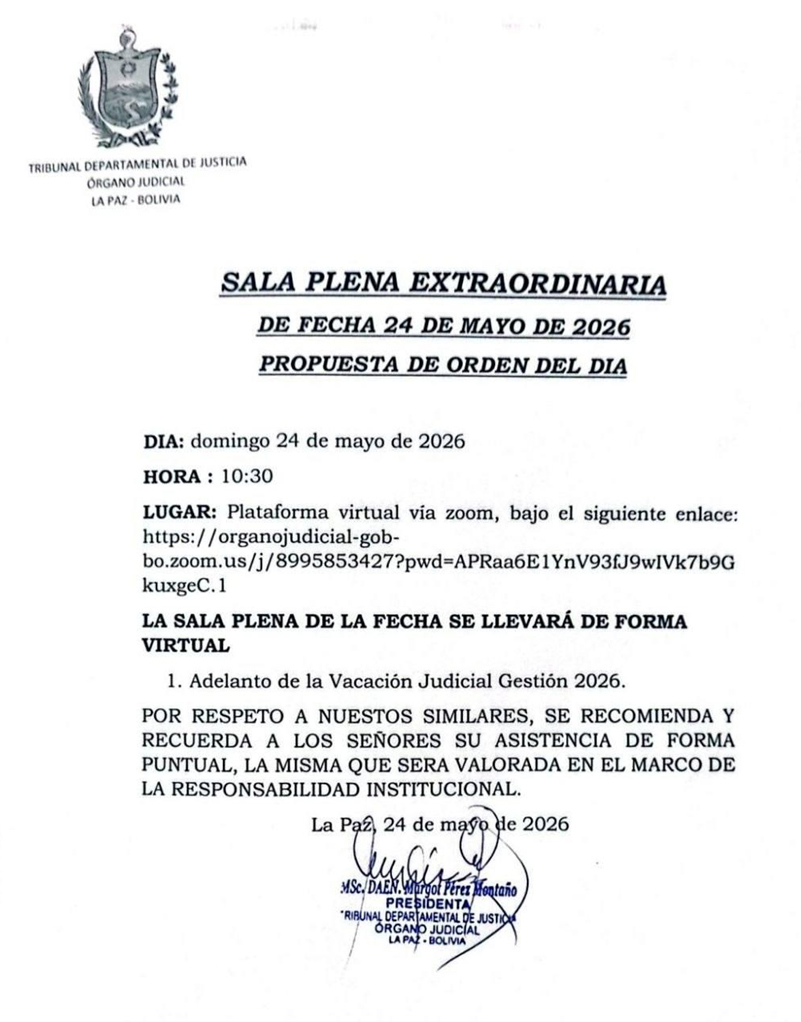Justicia de La Paz se declara en vacación y suspende atención por una semana a partir de este lunes